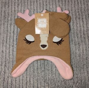 Baby Girl Winter Reindeer Hat & Mittens Set